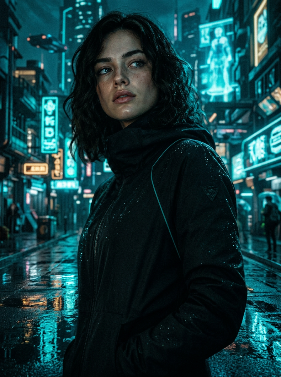 A personagem Nova em uma cena de cidade neon, com a mesma identidade visual