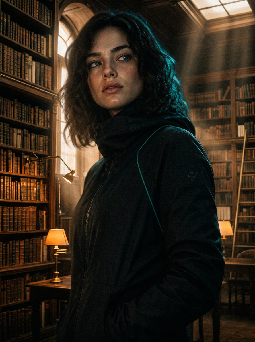 A personagem Nova em uma cena de biblioteca antiga, com a mesma identidade visual
