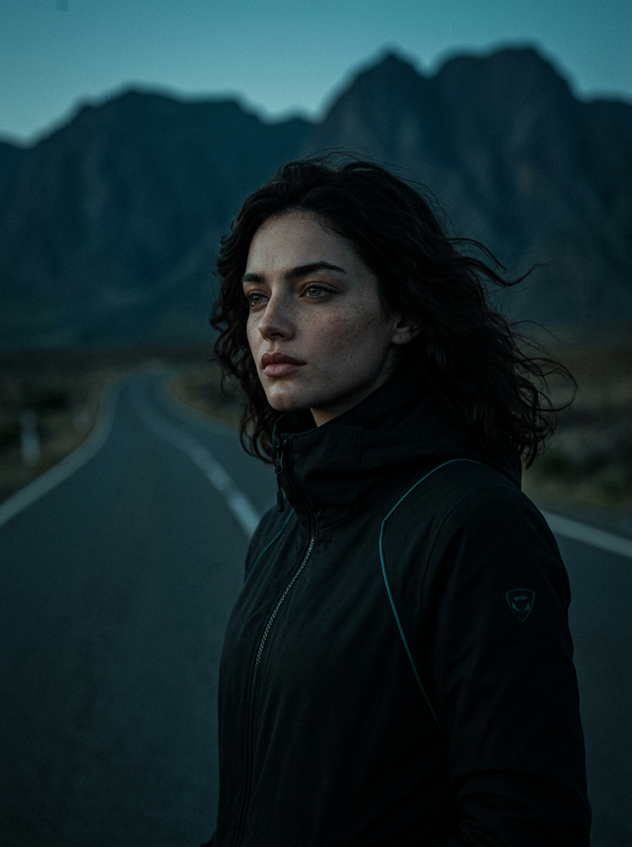A personagem Nova em uma cena de estrada ao anoitecer, com a mesma identidade visual